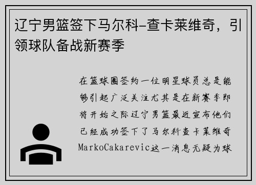 辽宁男篮签下马尔科-查卡莱维奇，引领球队备战新赛季